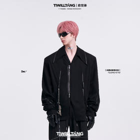 启世录TIWILLTANG“构缘异幕”设计感尖领皮嵌条白色衬衫长袖上衣