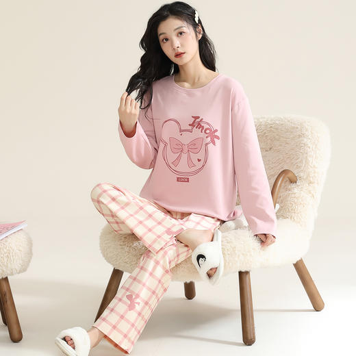 洁丽雅棉质女士大码圆领家居服个性印花舒适亲肤长袖长裤套装 商品图1