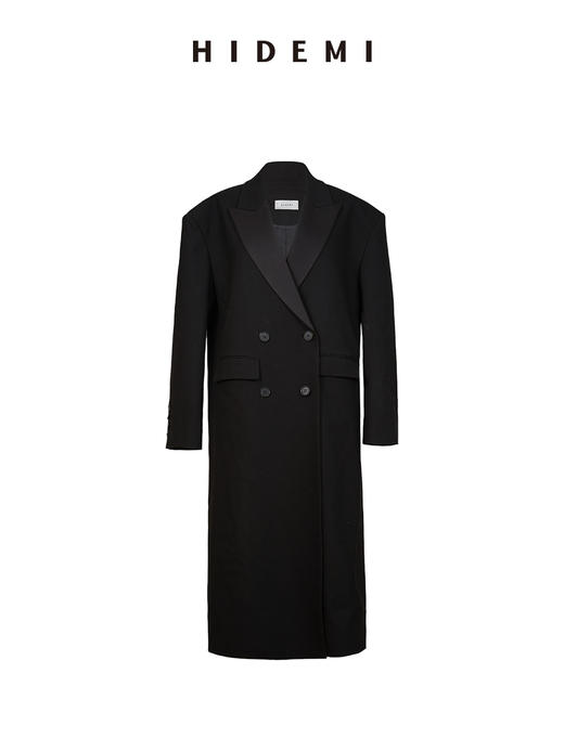 HIDEMI 节日系列进口斜纹精纺羊毛极简大廓形宽肩缎面拼接领长款西装外套大衣 商品图6
