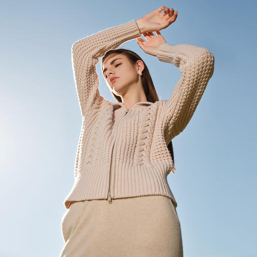 【大翻领绞花羊绒开衫】羊绒世家秋冬新品100%山羊绒粗棒针绞花毛衣外套 商品图1