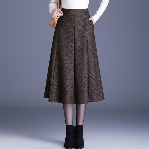 MYX-8090-18690-L格纹中长款通勤时尚半身裙2024年秋冬款高腰百褶大摆裙气质A字裙 商品图5