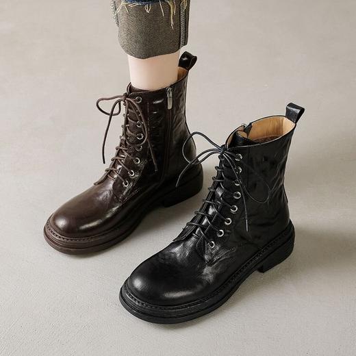 【预售5天】法式内侧拉链系带马丁靴秋冬新款羊羔毛保暖复古显瘦圆头平底短靴女NGMZR&7965 商品图4