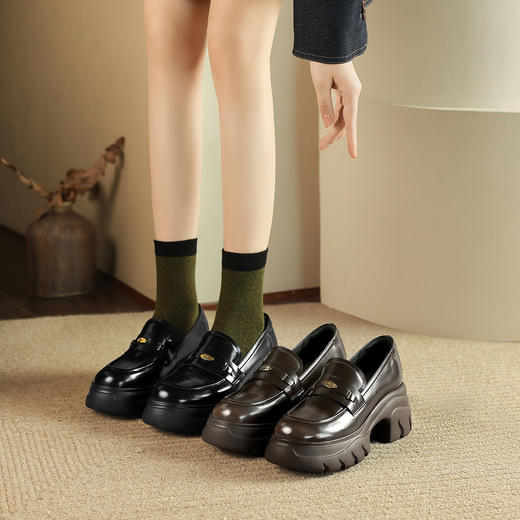 阿么手工女鞋真皮高跟乐福鞋洋气百搭日系圆头厚底单鞋女增高7CM 商品图4