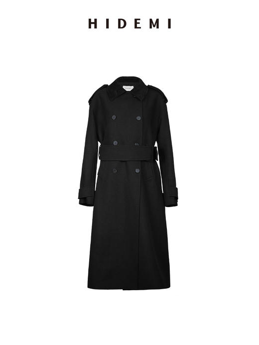 HIDEMI 节日系列进口羊麂皮拼接领极简设计感肩章宽肩大廓形可拆卸粗腰带军装感长款大衣 商品图8