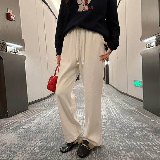 奢姿2024年冬季新款大码女装松紧腰直筒裤子胖妹妹系绳加绒休闲裤9944590304 商品图3