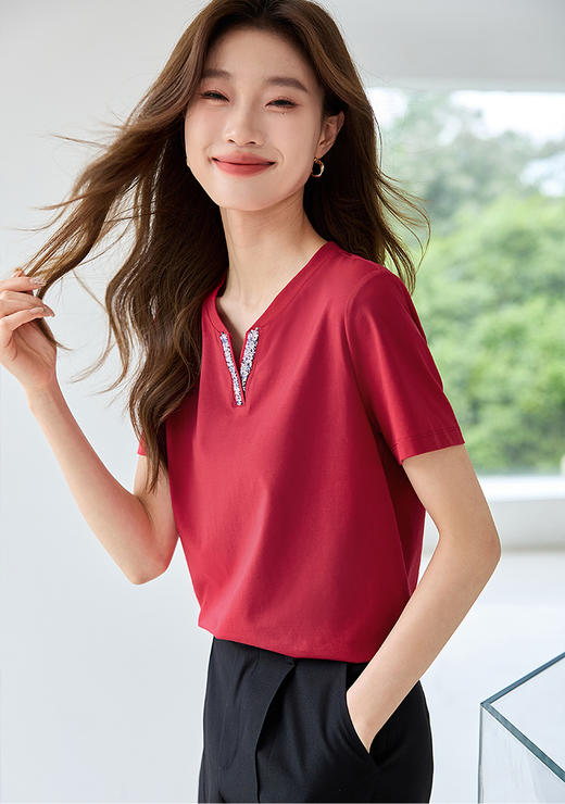 【周四狂欢价】熙世界妈妈优雅气质织带V领t恤女短袖显瘦上衣T清新百搭 商品图2