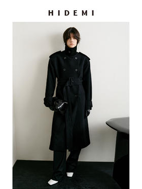 HIDEMI 节日系列进口羊麂皮拼接领极简设计感肩章宽肩大廓形可拆卸粗腰带军装感长款大衣
