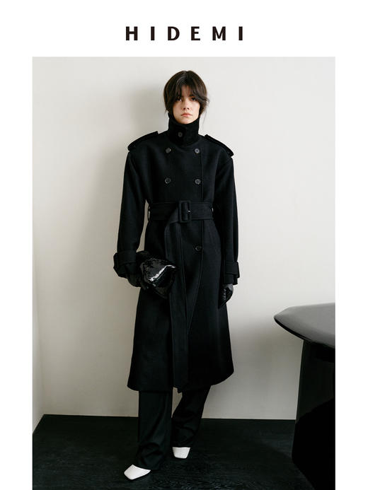 HIDEMI 节日系列进口羊麂皮拼接领极简设计感肩章宽肩大廓形可拆卸粗腰带军装感长款大衣 商品图0