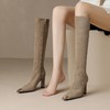 【预售7天】新款金属方头粗跟显瘦弹力靴加绒高跟不过膝高筒长靴女HTK&F1503-2 商品缩略图1