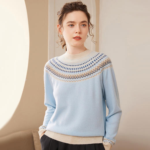 【高货QJ】全新升级【铂金会员422/天猫579/差价157】(34902) 洛诗琳民族风圆领长袖宽松厚款提花设计复古羊绒衫 商品图0