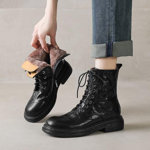 【预售5天】法式内侧拉链系带马丁靴秋冬新款羊羔毛保暖复古显瘦圆头平底短靴女NGMZR&7965 商品图0
