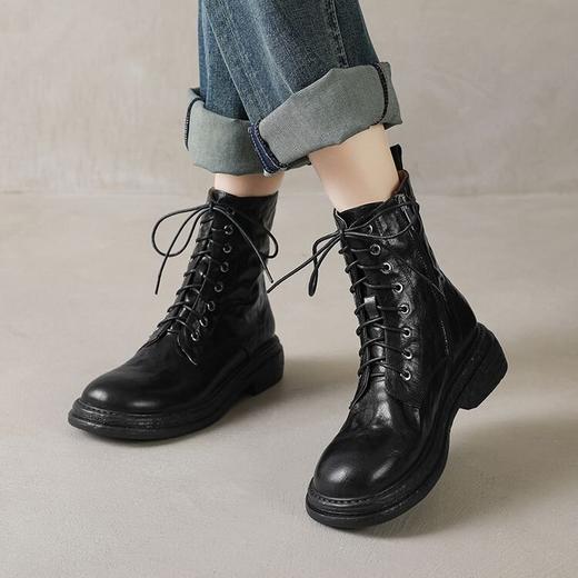 【预售5天】法式内侧拉链系带马丁靴秋冬新款羊羔毛保暖复古显瘦圆头平底短靴女NGMZR&7965 商品图3