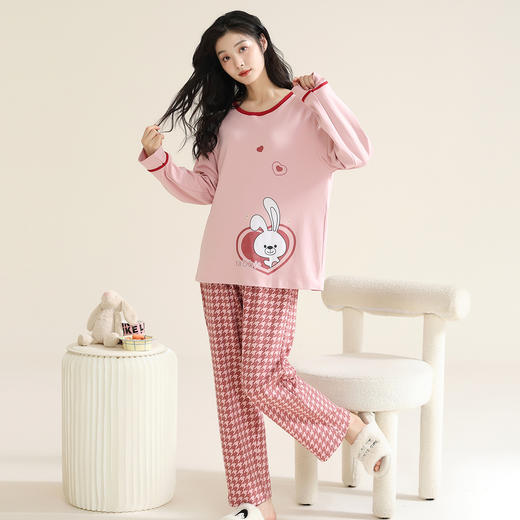 洁丽雅棉质女士大码圆领家居服个性印花舒适亲肤长袖长裤套装 商品图3