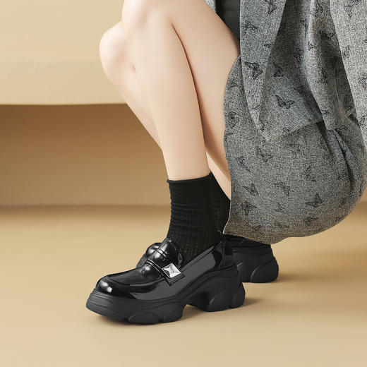 阿么手工女鞋真皮乐福鞋厚底轻便7CM百搭亮面2025新款圆头小皮鞋 商品图1