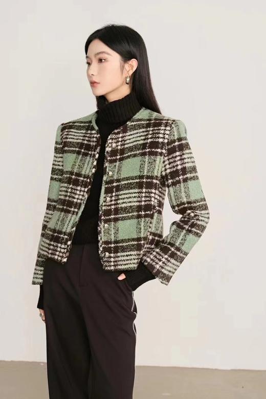 ANSUABEL 绿棕色格纹圆领小香风外套 17721 商品图0