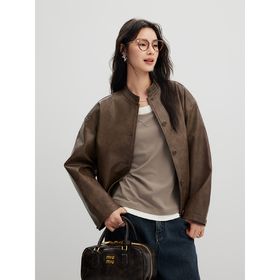 棉仓356607015-复古立领皮衣外套女做旧 24秋冬重工落肩pu皮夹克机车服