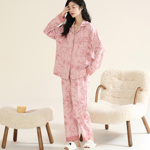 洁丽雅棉质女士大码翻领家居服个性印花舒适亲肤长袖长裤套装 商品图2