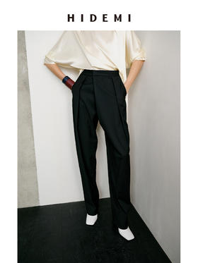 HIDEMI 节日系列极简不对称设计感色织银线细条纹压褶锥形西裤萝卜裤长裤