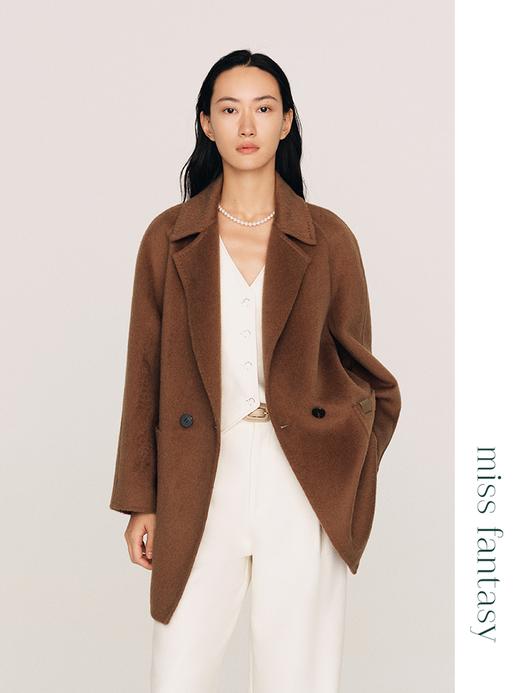 重磅羊驼绵羊混纺 H型宽松大翻领薄款呢大衣FO481323O 商品图1