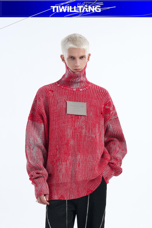 启世录TIWILLTANG“锓烛灵构”定制皮标烫银高领破坏毛衣 商品图5