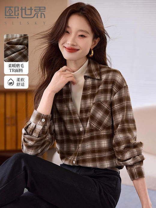 【年终特卖】熙世界假两件复古格纹衬衫女秋冬新款磨毛长袖内搭半高领叠穿衬衣 商品图0