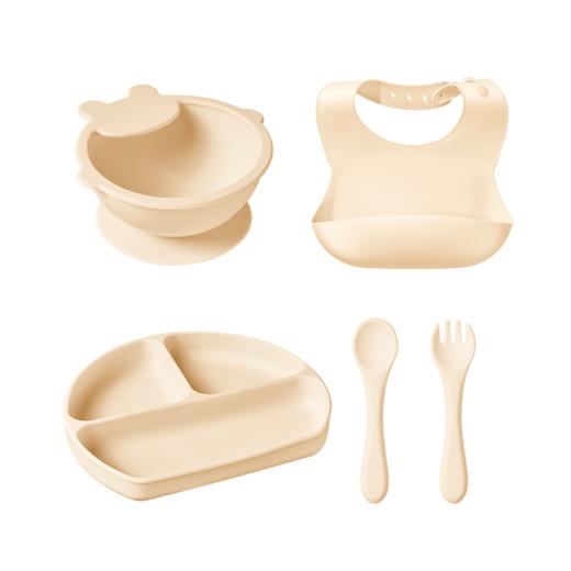 plodon浦利顿宝宝五件套辅食碗分格辅食餐盘吃饭围兜硅胶叉勺餐具套装 商品图6