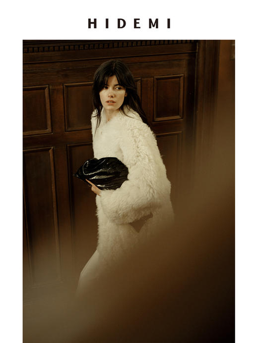 HIDEMI 节日系列进口羊羔毛小卷毛奶白色圆领大廓形皮毛一体中长款皮草大衣 商品图6