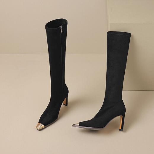 【预售7天】新款金属方头粗跟显瘦弹力靴加绒高跟不过膝高筒长靴女HTK&F1503-2 商品图4