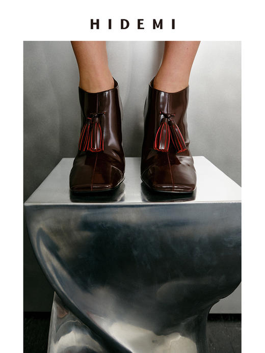 HIDEMI 节日系列进口头层牛皮流苏设计感方头极简设计感踝靴高跟鞋 白色/勃艮第红 商品图3