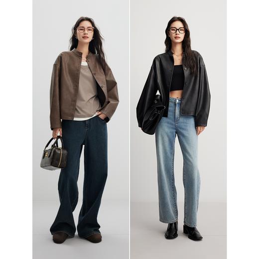 棉仓356607015-复古立领皮衣外套女做旧 24秋冬重工落肩pu皮夹克机车服 商品图3