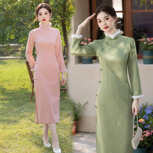 秋冬款加绒加厚新中式长款年轻款复古长袖改良旗袍CQSC20330 商品图0