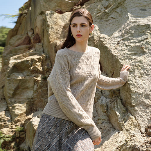 【立体绞花针织套衫】羊绒世家秋冬新品女士100%山羊绒圆领套头内搭保暖毛衣 商品图1