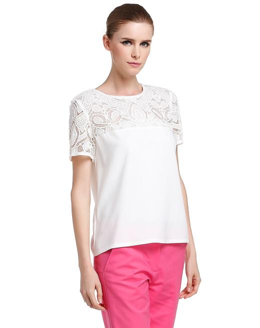4894415286014 JOAN&DAVI 米白色圆领甜美蕾丝拼接短袖上衣 商品图2
