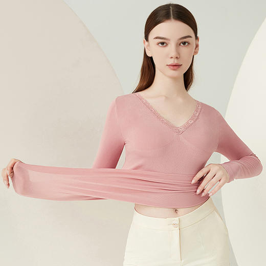 雅黛丽保暖内衣女蕾丝V领高弹显瘦打底衣2023年新款内搭薄款上衣 商品图3