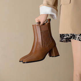 【预售5天】方头皮面飞织袜子皮靴女韩版新款高跟女靴时尚弹力瘦瘦靴子女JL&L2213