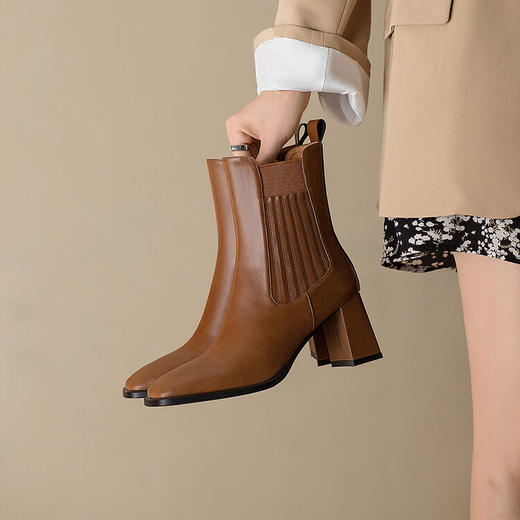 【预售5天】方头皮面飞织袜子皮靴女韩版新款高跟女靴时尚弹力瘦瘦靴子女JL&L2213 商品图0