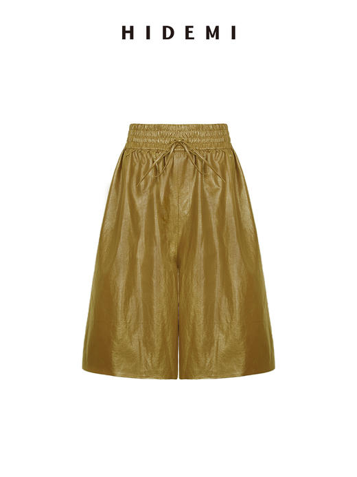 HIDEMI 【当当同款】节日系列进口特殊涂层环保蛋白皮设计感松紧腰抽身褶皱宽松男朋友中裤    勃艮第酒红/橄榄绿 商品图13