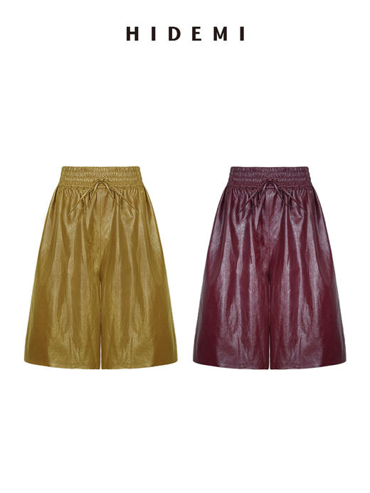 HIDEMI 【当当同款】节日系列进口特殊涂层环保蛋白皮设计感松紧腰抽身褶皱宽松男朋友中裤    勃艮第酒红/橄榄绿 商品图12