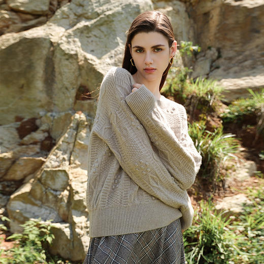 【立体绞花针织套衫】羊绒世家秋冬新品女士100%山羊绒圆领套头内搭保暖毛衣 商品图0