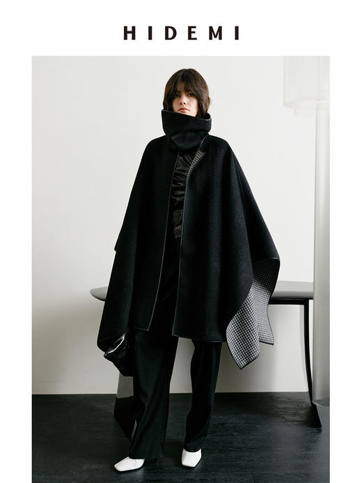 HIDEMI 节日系列进口双面双色色织格纹羊毛毛呢可拆卸分体脖套皮边设计感两面穿斗篷大衣 商品图6