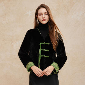 PH113斯尔丽24秋冬时尚新中式国风外套环保皮草盘扣提花袖口短毛绒上衣