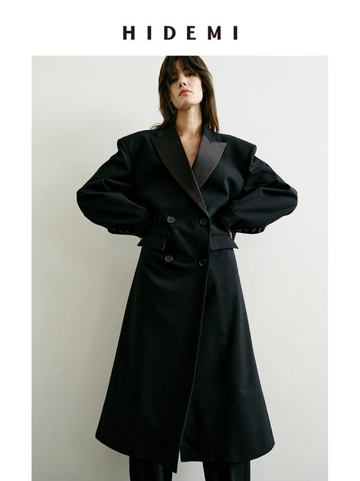 HIDEMI 节日系列进口斜纹精纺羊毛极简大廓形宽肩缎面拼接领长款西装外套大衣 商品图4