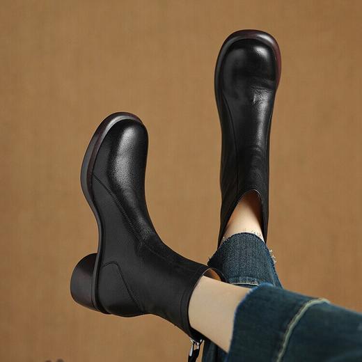 【预售5天】英伦头层羊皮短靴女粗跟秋冬复古中跟真皮加绒马丁靴棕色DPJ&7071 商品图1