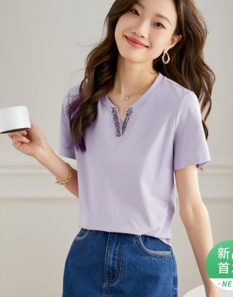 【周四狂欢价】熙世界妈妈优雅气质织带V领t恤女短袖显瘦上衣T清新百搭 商品图5