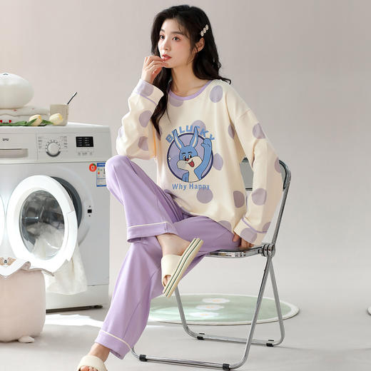 洁丽雅棉质女士大码圆领家居服个性印花舒适亲肤长袖长裤套装 商品图1