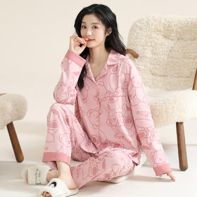洁丽雅棉质女士大码翻领家居服个性印花舒适亲肤长袖长裤套装