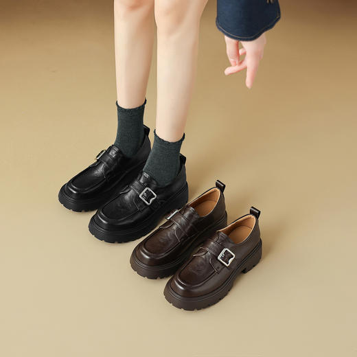 阿么手工女鞋厚底英伦风真皮气质乐福鞋5CM时尚潮流百搭圆头单鞋 商品图4