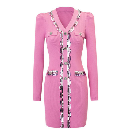 Kitty粉v领小香连衣裙裙子女24年冬 商品图2