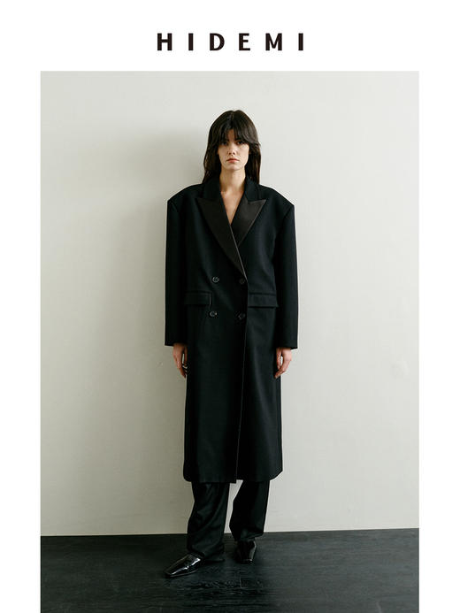 HIDEMI 节日系列进口斜纹精纺羊毛极简大廓形宽肩缎面拼接领长款西装外套大衣 商品图0