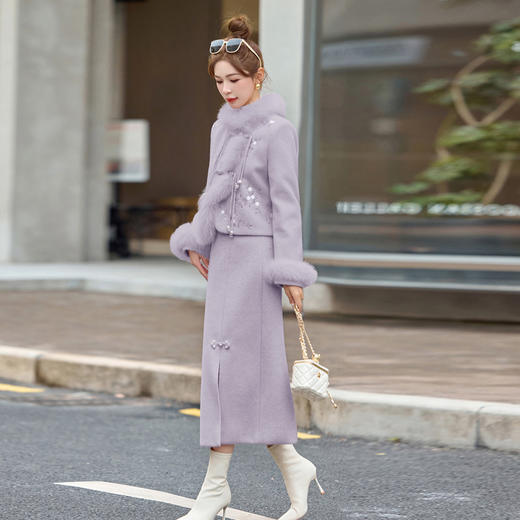 小香范套装裙气质名媛新中式国风复古刺绣狐狸毛羽绒服两件套 商品图2